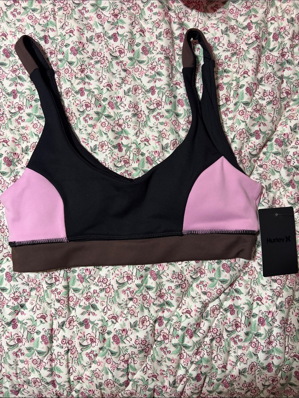 Hurley Black & Pink Colorblock Sports Bralette with Brown Band